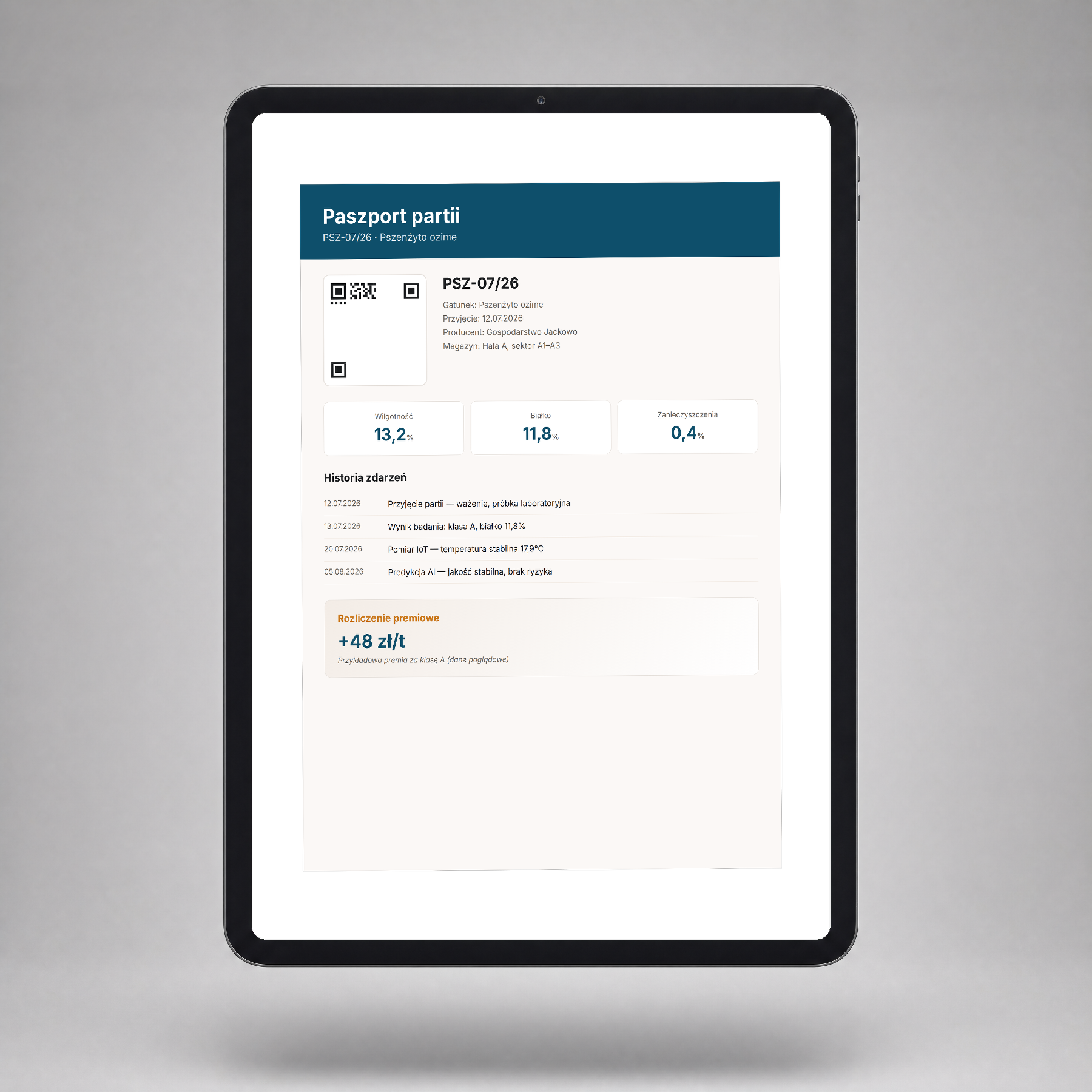 Tablet z paszportem partii i kodem QR