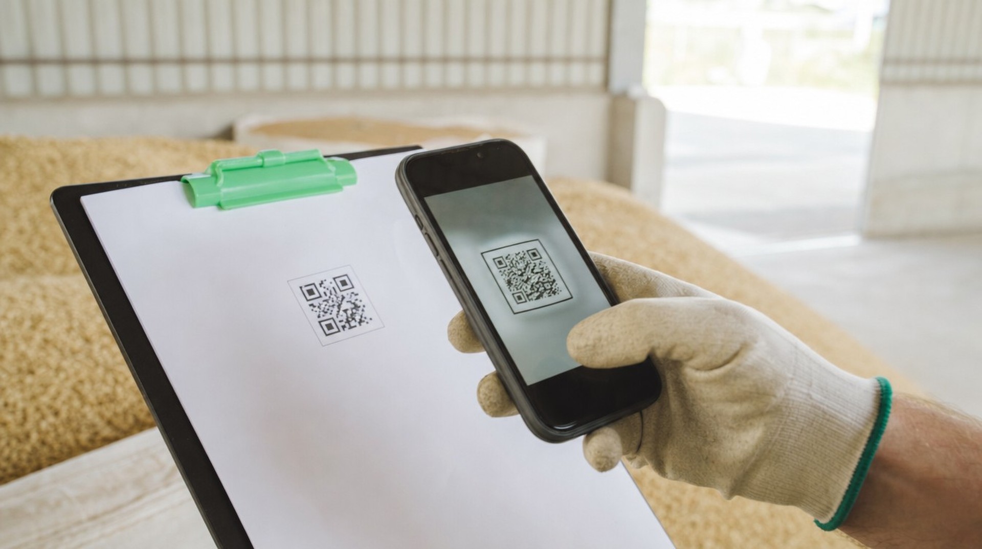 Dłoń skanująca kod QR na dokumencie partii ziarna
